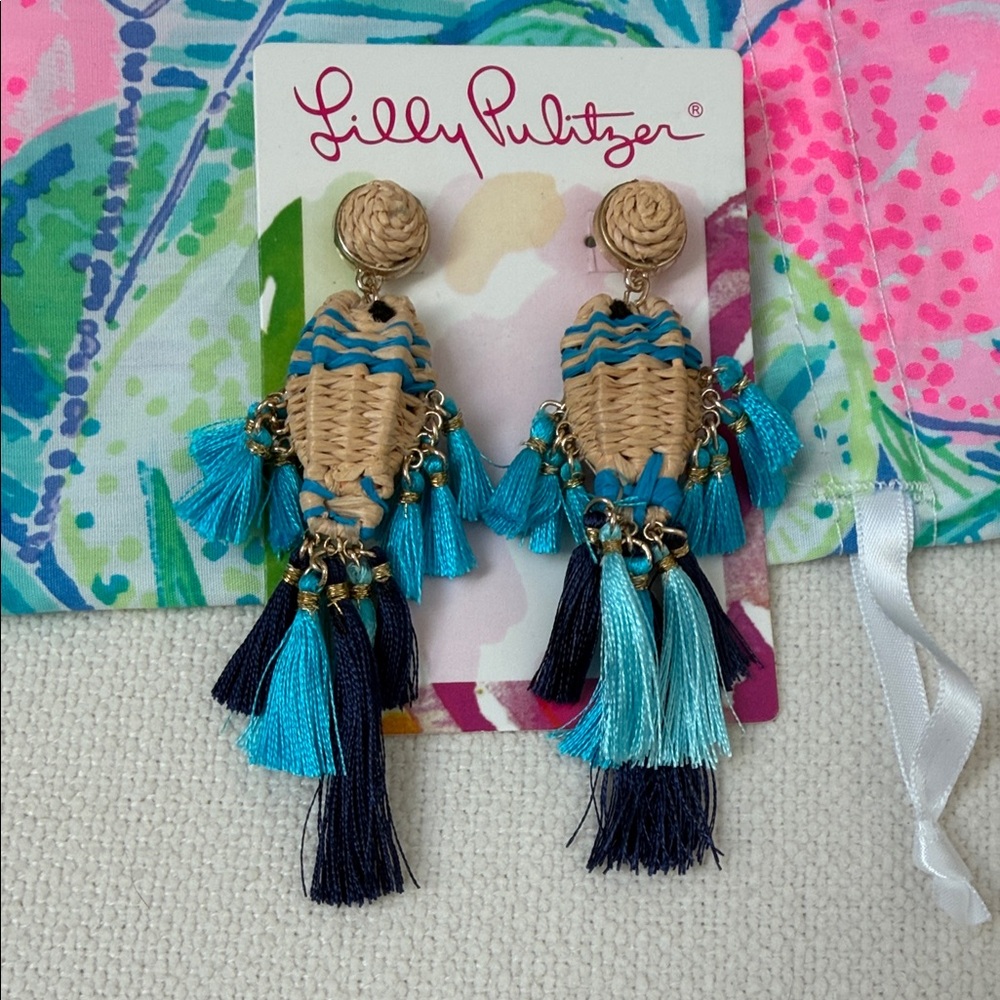 Lilly Pulitzer Aqua and Navy Fish Tassel Earrings